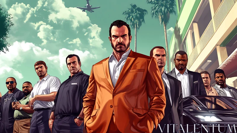 Crime crew under palm trees in stylized cityscape standoff.