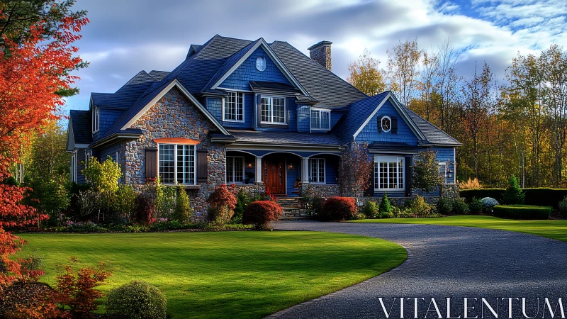 Two-story stone and blue siding house with landscaped yard
