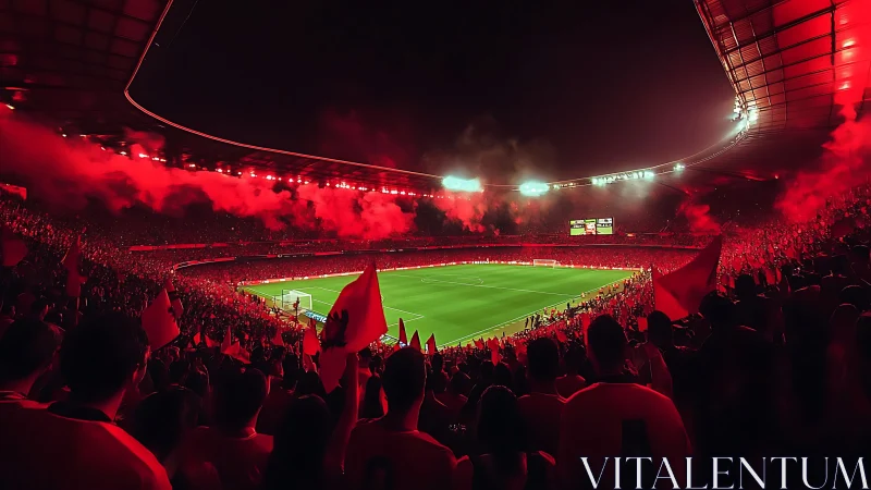 Football stadium is illuminated by red flares during night match