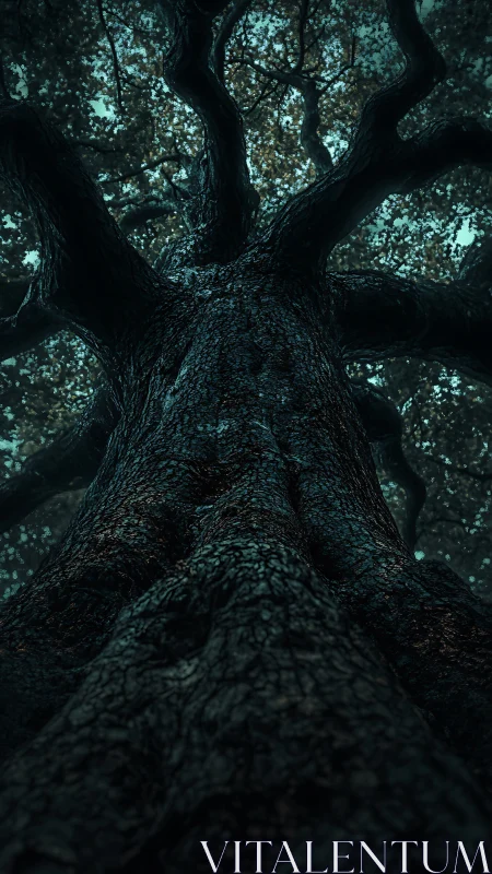 Ancient gnarled tree trunk in dramatic low-angle perspective.