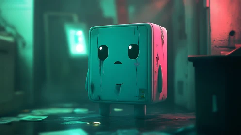Anthropomorphic cube fridge in neon-lit derelict interior.