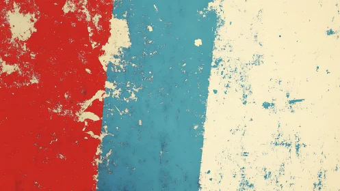 Abstract Tricolor Grunge Texture with Red, Blue, and Cream Paint.