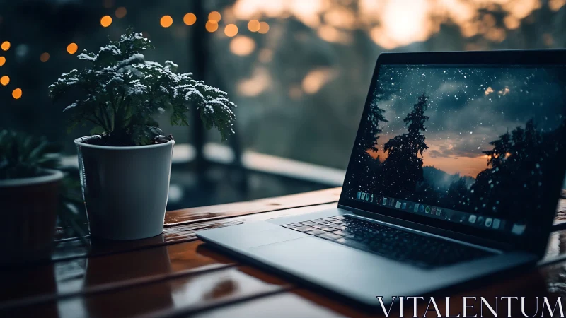 Snowlit laptop sanctuary beside frosted plant at dusk glow.