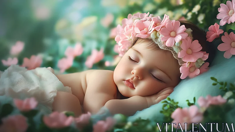 Sleeping Infant in Floral Crown Surrounded by Pink Flowers.
