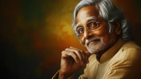 Kindly elder’s gentle smile glows in soft golden light