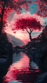 Crimson river valley under neon dusk sky reflection.