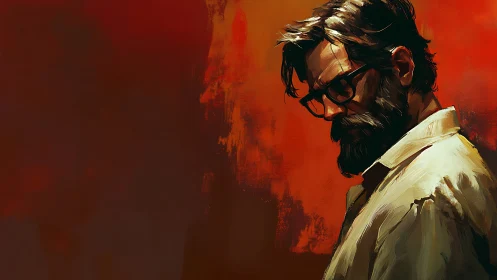 Bearded man in glasses against abstract red background.