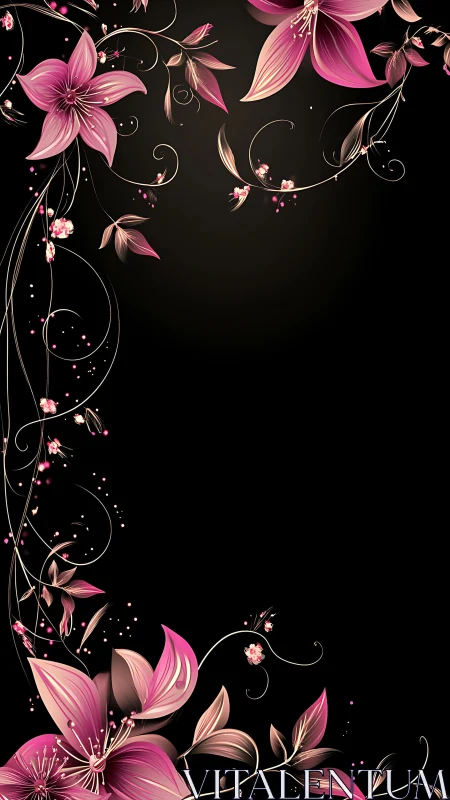 Pink and Gold Floral Ornamental Design on Black Background
