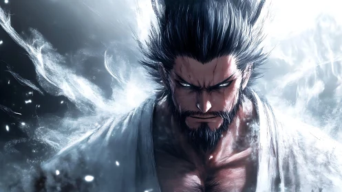 Storm-lit warrior awakening his fierce inner calm.