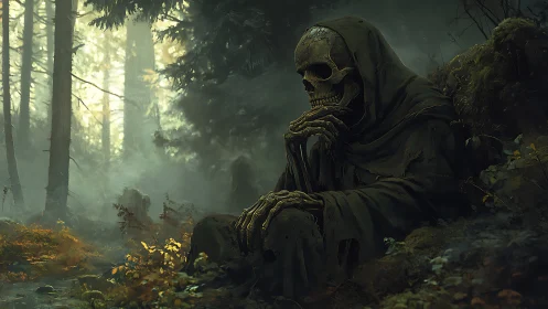 Hooded skeletal figure seated in misty conifer forest.
