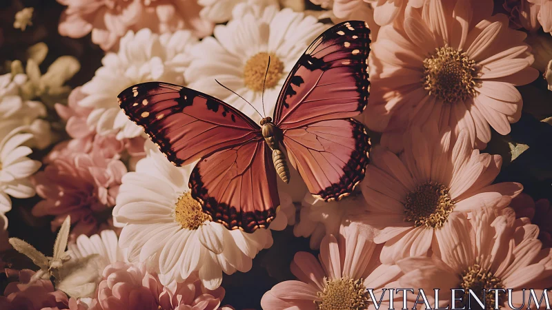 Pink butterfly resting on clustered pale chrysanthemum blooms.