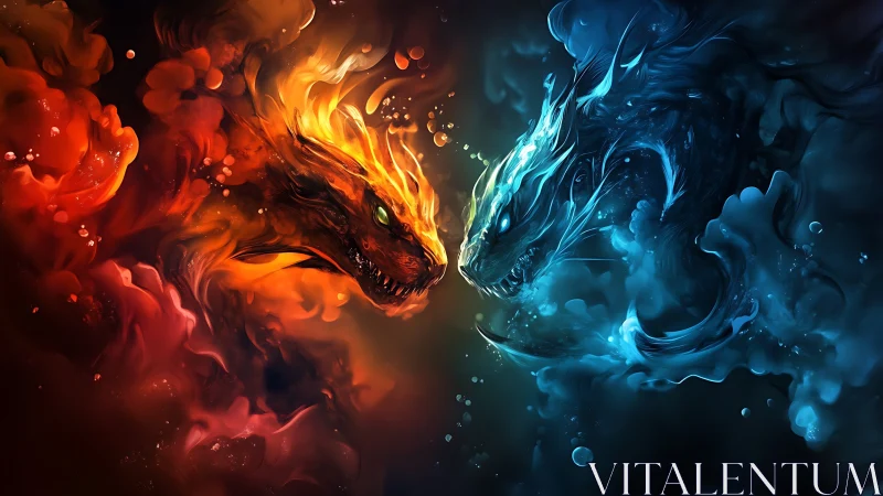 Elemental fire and ice dragon confrontation in swirling vapor