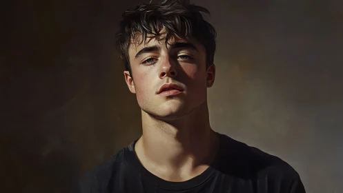 Dramatic chiaroscuro portrait of young man in soft raking light