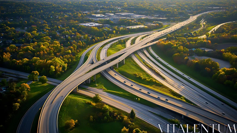 Sunlit freeway interchange winds through lush suburban forest