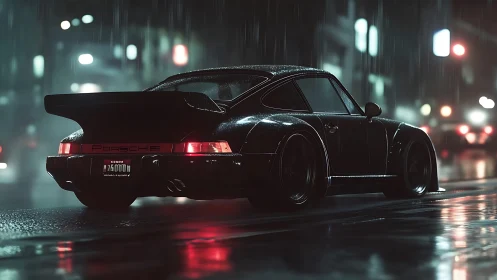 Black Porsche sports car on wet neon city street at night.