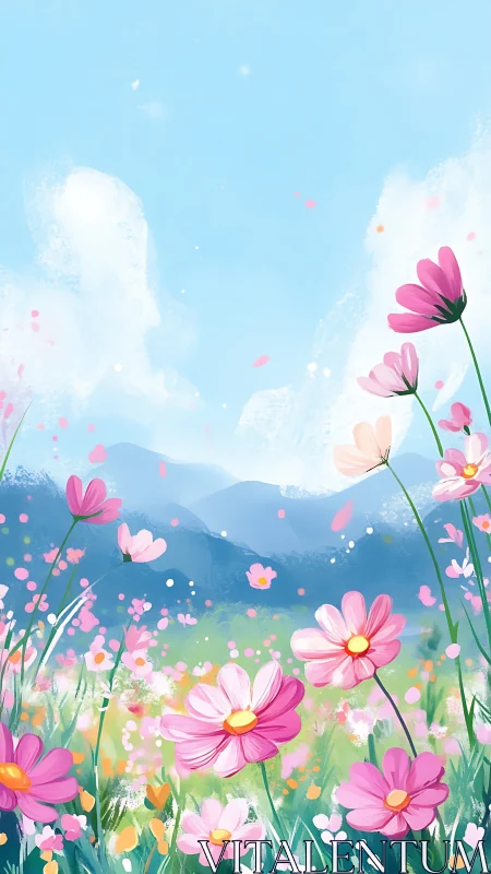 Illustrative wildflower meadow with cosmetic daisy compositions against mountain vista.