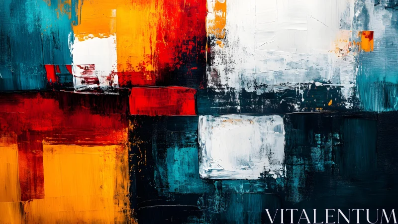 Bold abstract painting with vibrant geometric blocks and rich texture.