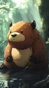 Gentle forest bear resting beside a sunlit woodland stream.