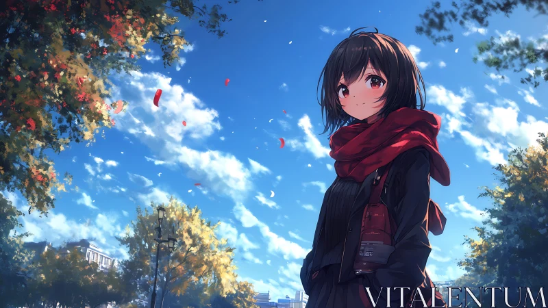 Girl in red scarf standing in tree-lined urban park.