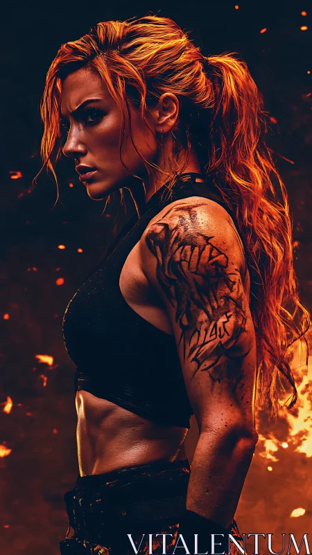 Fiery warrior in profile amid embers and dramatic glow.