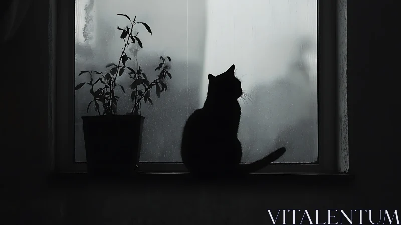 Feline silhouette profile positioned at window aperture with potted botanicals.