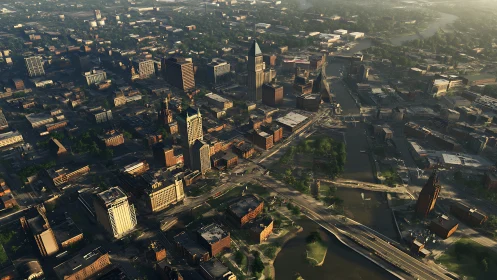 Sunlit riverfront cityscape unfolds in a warm urban panorama