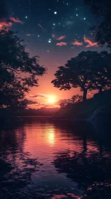 River sunset reflects vivid twilight sky and stars.