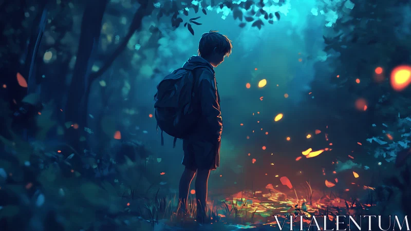 Boy with backpack in glowing forest clearing at dusk.
