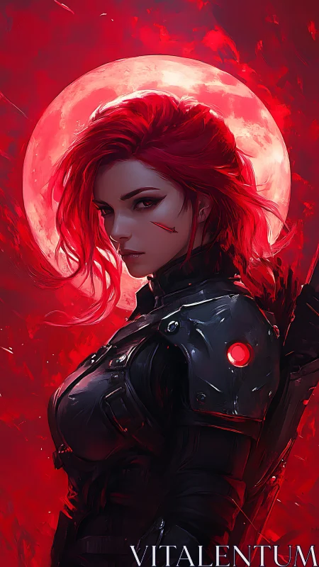 Red haired armored woman stands before glowing red moon