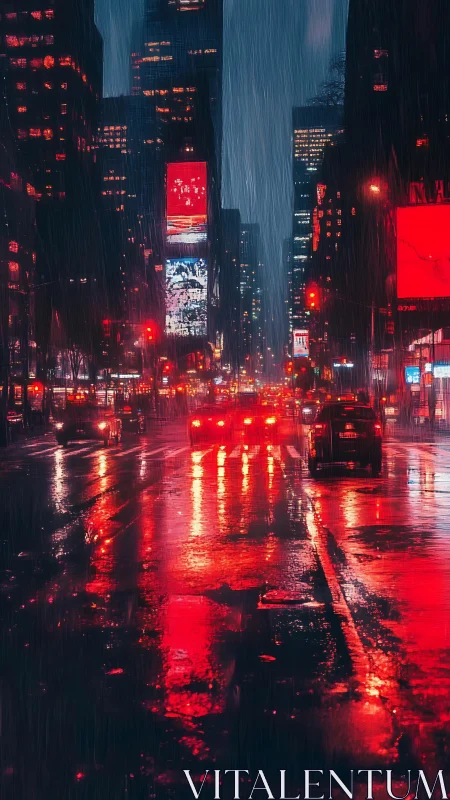 Rain-soaked neon avenue renders cinematic nocturnal depth