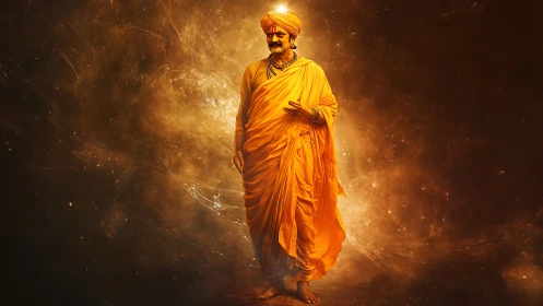 Mystic monk in radiant saffron robes amid cosmic glow.
