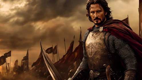 Battle-hardened medieval knight stands defiant before war