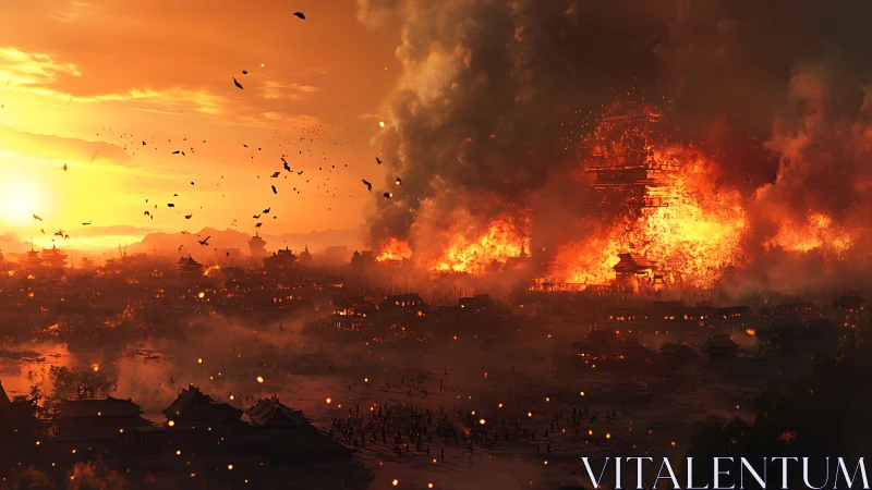 Urban Conflagration: Apocalyptic Cityscape Engulfed in Massive Inferno.