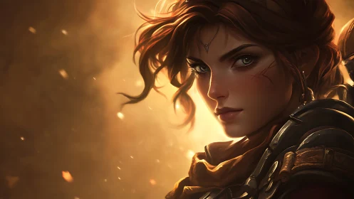 Warrior heroine portrait in molten backlight and embers.