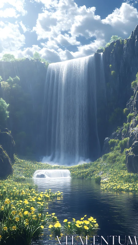 Vertical cascade illuminates floral basin in soft volumetric light