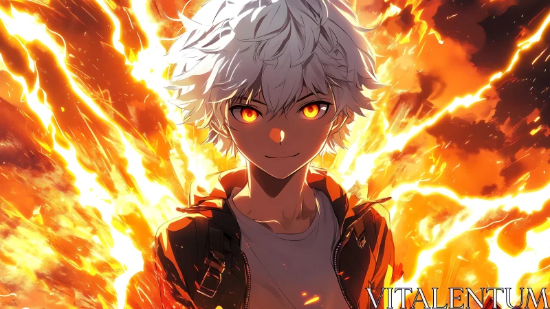 Anime boy with fiery aura and intense glowing eyes.