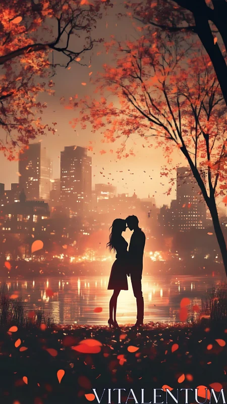 Silhouetted Couple Kissing Under Autumn Foliage with Urban Skyline