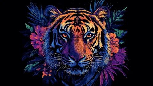 Neon-colored tiger portrait is framed by stylized foliage