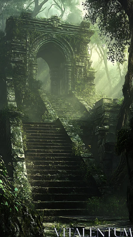 Weathered jungle stairway ascending to misted stone arch