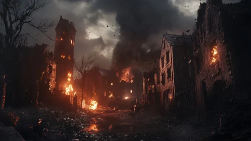 War-damaged city street with burning ruined buildings at dusk.