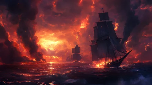 Sailing vessels amid oceanic fire and dramatic cloud formations.