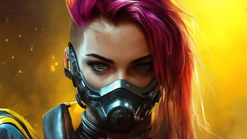 Cybernetic respirator vigilante amid volatile chromatic haze.