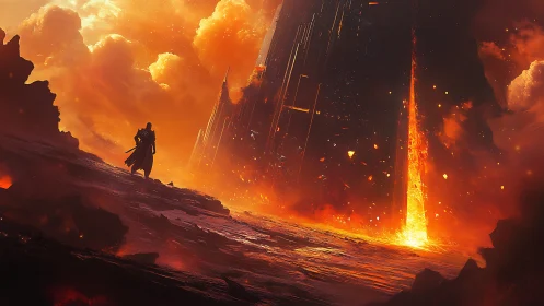 Lone cloaked figure before fiery monolithic tower.