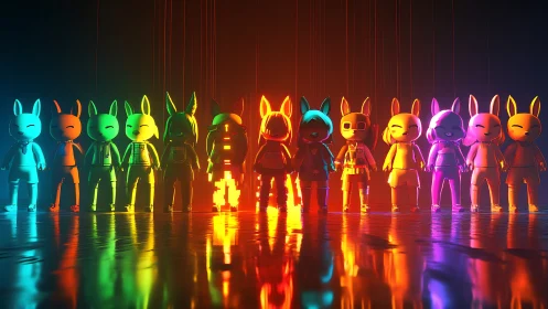 Neon bunny avatars lined in glowing rainbow spectrum row.