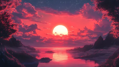 Dreamy crimson sunset glowing over a peaceful misty bay.