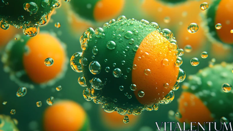 Spherical green and orange forms with surface bubbles in liquid.