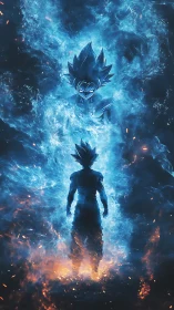 Twin auras ignite a cosmic warrior’s blazing ascension.