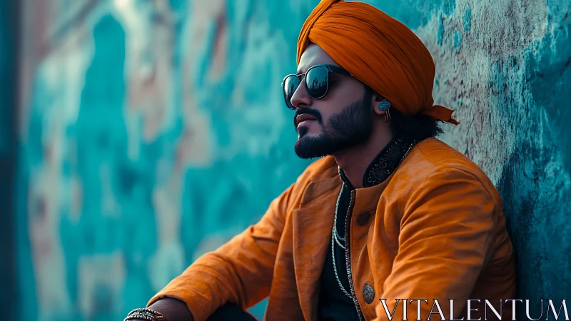 Urban portrait in teal alley with stylish orange turbaned man.