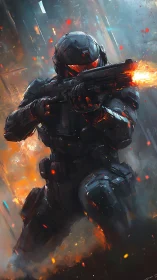 Kinetically lit exosuit trooper discharging plasma rifle in combat.