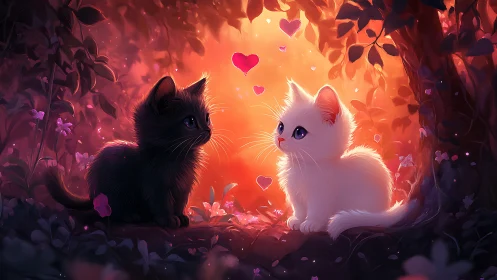 Two Cats Positioned in Illuminated Garden Environment